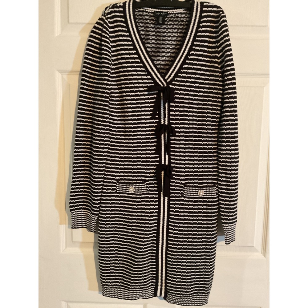 Nicole Miller New York Striped Bow Cardigan Sweater Black White Pearl Button S